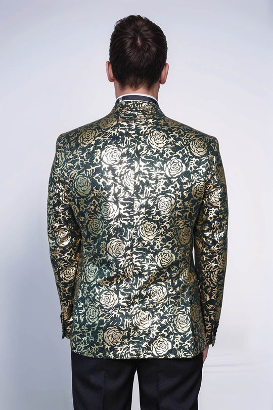 Men’s Emerald Green & Gold Rose Patterned Slim Fit Luxury Dinner Jacket