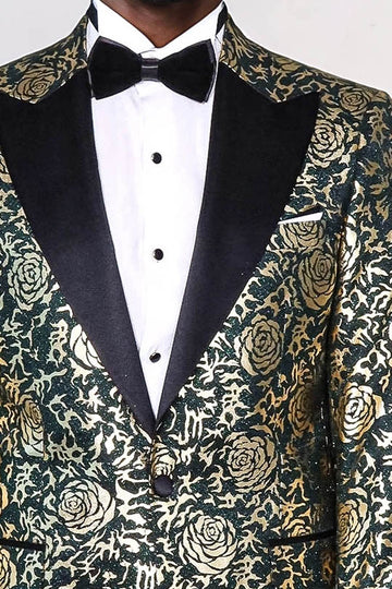 Men’s Emerald Green & Gold Rose Patterned Slim Fit Luxury Dinner Jacket