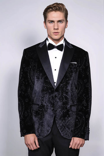 Men’s Obsidian Black Floral Embossed Velvet Dinner Jacket – Slim Fit with Satin Peak Lapels