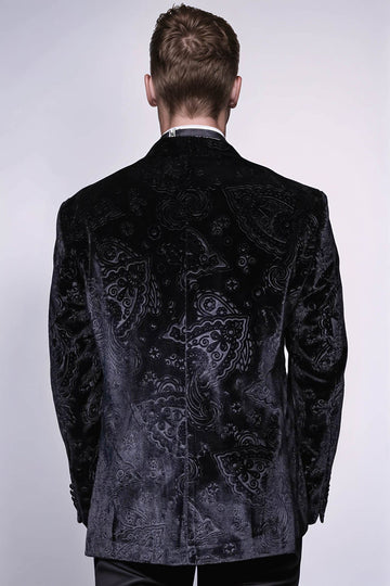 Men’s Obsidian Black Floral Embossed Velvet Dinner Jacket – Slim Fit with Satin Peak Lapels