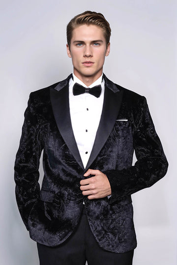 Men’s Obsidian Black Floral Embossed Velvet Dinner Jacket – Slim Fit with Satin Peak Lapels