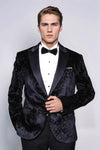 Men’s Obsidian Black Floral Embossed Velvet Dinner Jacket – Slim Fit with Satin Peak Lapels