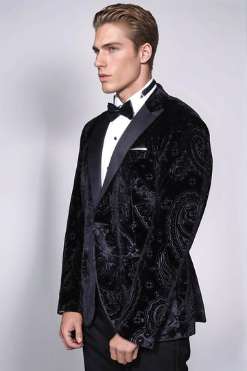 Men’s Obsidian Black Floral Embossed Velvet Dinner Jacket – Slim Fit with Satin Peak Lapels