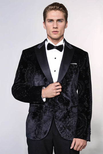 Men’s Obsidian Black Floral Embossed Velvet Dinner Jacket – Slim Fit with Satin Peak Lapels