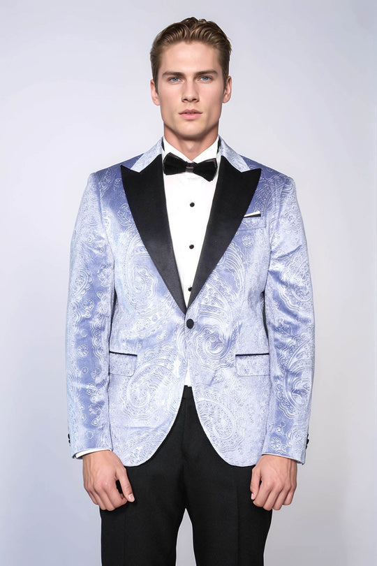 Men’s Ice Blue Floral Embossed Velvet Blazer – Slim Fit with Black Satin Shawl Lapel