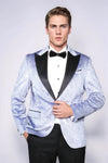 Men’s Ice Blue Floral Embossed Velvet Blazer – Slim Fit with Black Satin Shawl Lapel
