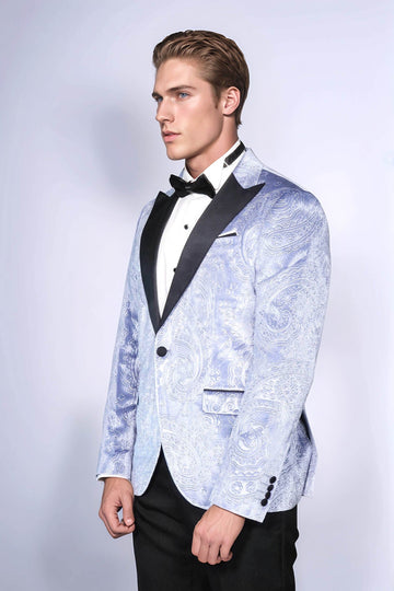 Men’s Ice Blue Floral Embossed Velvet Blazer – Slim Fit with Black Satin Shawl Lapel