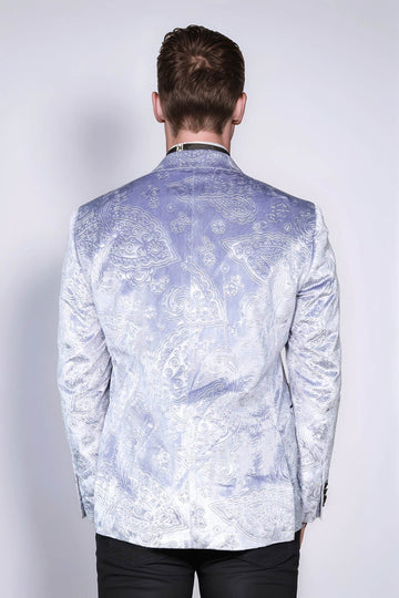 Men’s Ice Blue Floral Embossed Velvet Blazer – Slim Fit with Black Satin Shawl Lapel