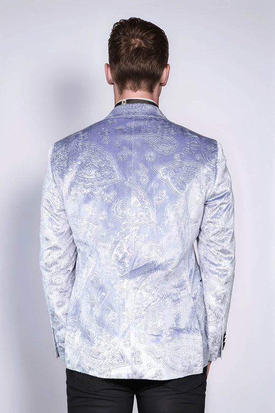 Men’s Ice Blue Floral Embossed Velvet Blazer – Slim Fit with Black Satin Shawl Lapel