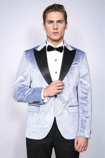 Men’s Ice Blue Floral Embossed Velvet Blazer – Slim Fit with Black Satin Shawl Lapel