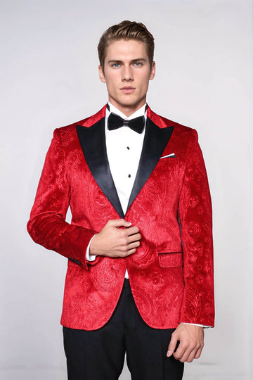 Men’s Crimson Red Floral Embossed Velvet Blazer – Slim Fit with Black Satin Peak Lapels