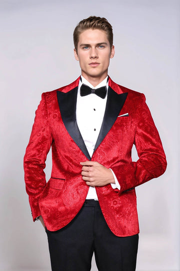 Men’s Crimson Red Floral Embossed Velvet Blazer – Slim Fit with Black Satin Peak Lapels