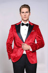 Men’s Crimson Red Floral Embossed Velvet Blazer – Slim Fit with Black Satin Peak Lapels