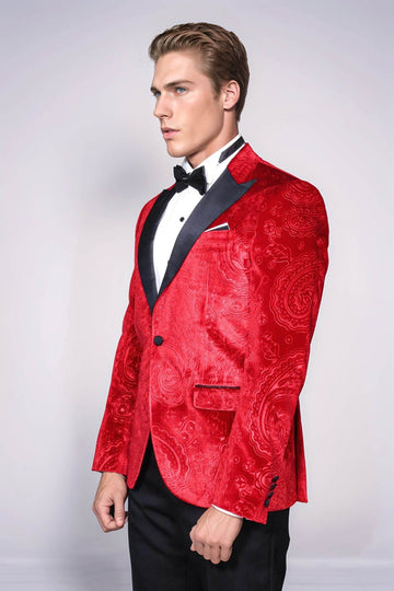 Men’s Crimson Red Floral Embossed Velvet Blazer – Slim Fit with Black Satin Peak Lapels