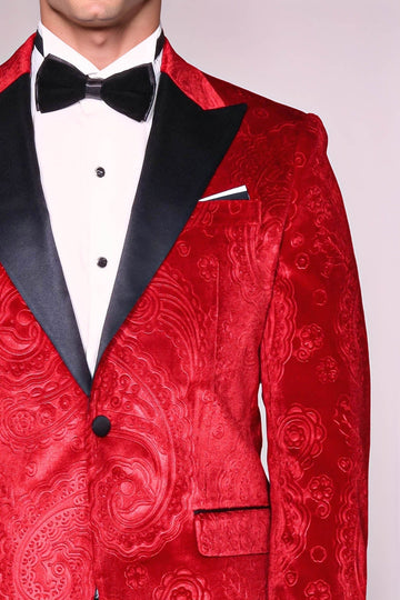 Men’s Crimson Red Floral Embossed Velvet Blazer – Slim Fit with Black Satin Peak Lapels