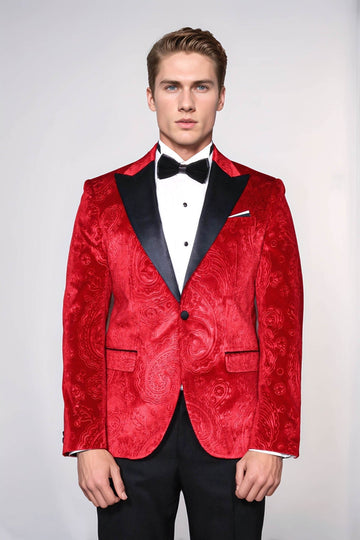Men’s Crimson Red Floral Embossed Velvet Blazer – Slim Fit with Black Satin Peak Lapels