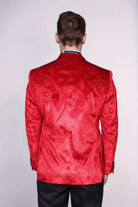 Men’s Crimson Red Floral Embossed Velvet Blazer – Slim Fit with Black Satin Peak Lapels