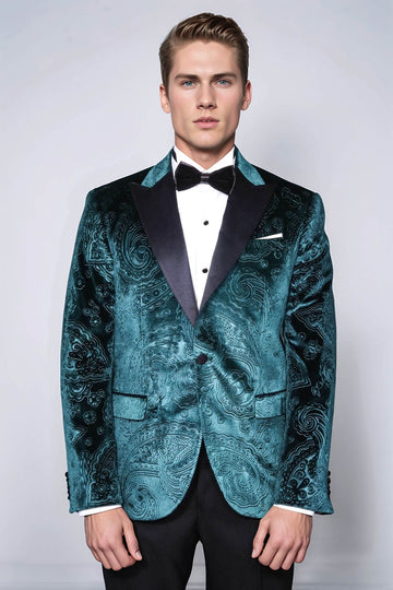Men’s Emerald Green Floral Embossed Velvet Blazer – Slim Fit with Black Satin Peak Lapels