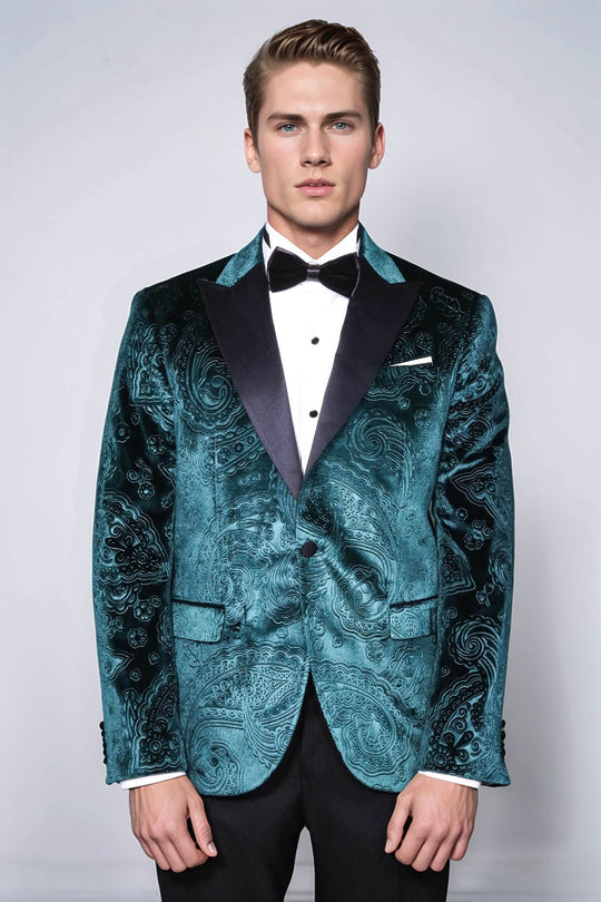 Men’s Emerald Green Floral Embossed Velvet Blazer – Slim Fit with Black Satin Peak Lapels