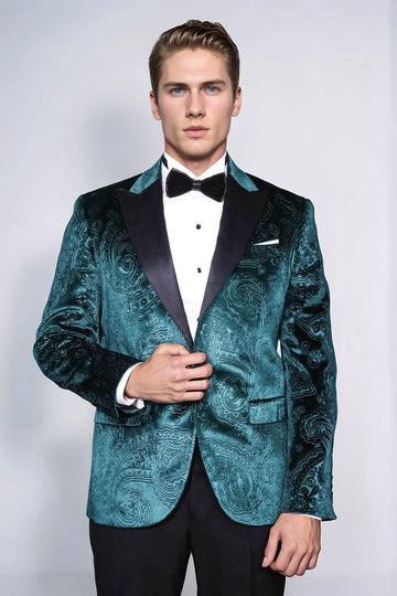 Men’s Emerald Green Floral Embossed Velvet Blazer – Slim Fit with Black Satin Peak Lapels
