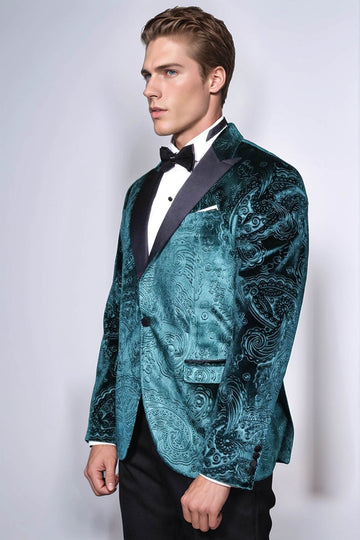 Men’s Emerald Green Floral Embossed Velvet Blazer – Slim Fit with Black Satin Peak Lapels