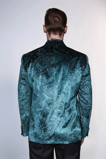 Men’s Emerald Green Floral Embossed Velvet Blazer – Slim Fit with Black Satin Peak Lapels