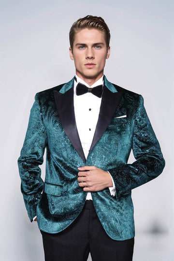 Men’s Emerald Green Floral Embossed Velvet Blazer – Slim Fit with Black Satin Peak Lapels