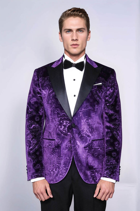 Men’s Imperial Purple Floral Embossed Velvet Blazer – Slim Fit