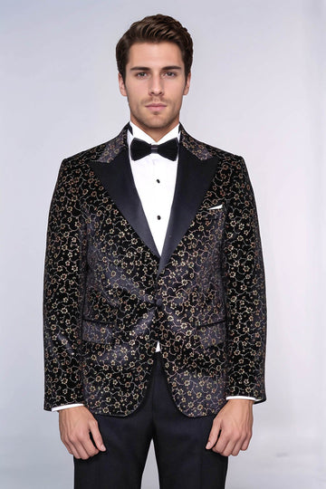 Men’s Midnight Black Tiny Floral Patterned Slim Fit Peak Lapel Tuxedo Blazer
