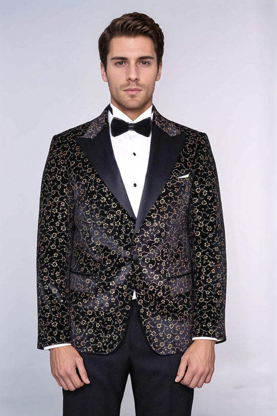 Men’s Midnight Black Tiny Floral Patterned Slim Fit Peak Lapel Tuxedo Blazer