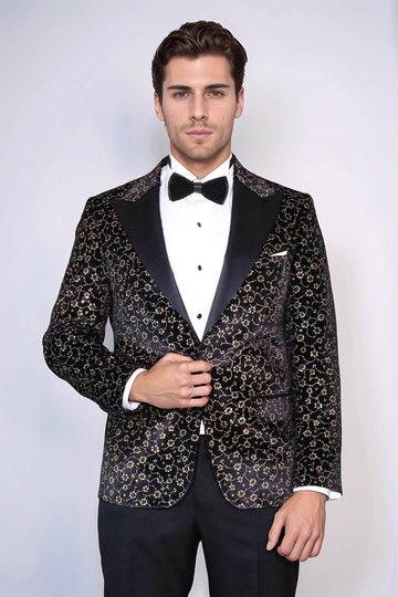 Men’s Midnight Black Tiny Floral Patterned Slim Fit Peak Lapel Tuxedo Blazer