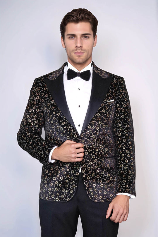 Men’s Midnight Black Tiny Floral Patterned Slim Fit Peak Lapel Tuxedo Blazer