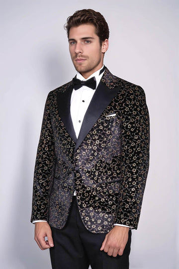 Men’s Midnight Black Tiny Floral Patterned Slim Fit Peak Lapel Tuxedo Blazer