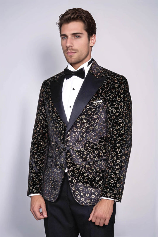 Men’s Midnight Black Tiny Floral Patterned Slim Fit Peak Lapel Tuxedo Blazer
