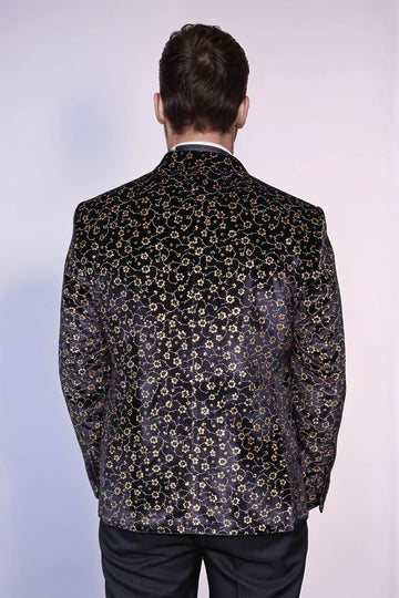 Men’s Midnight Black Tiny Floral Patterned Slim Fit Peak Lapel Tuxedo Blazer
