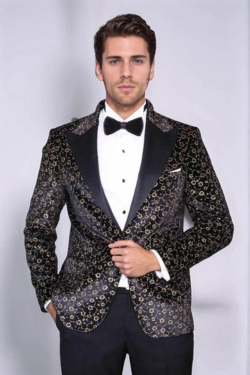 Men’s Midnight Black Tiny Floral Patterned Slim Fit Peak Lapel Tuxedo Blazer