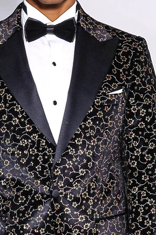Men’s Midnight Black Tiny Floral Patterned Slim Fit Peak Lapel Tuxedo Blazer