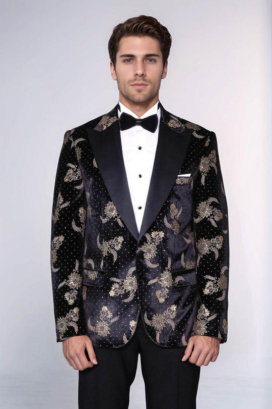 Men’s Midnight Black Dot Floral Patterned Velvet Slim Fit Blazer