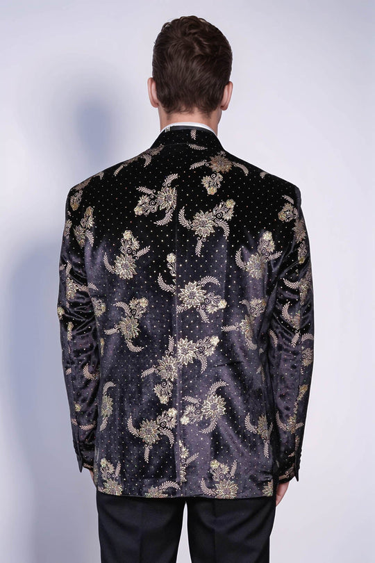 Men’s Midnight Black Dot Floral Patterned Velvet Slim Fit Blazer