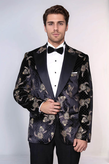 Men’s Midnight Black Dot Floral Patterned Velvet Slim Fit Blazer
