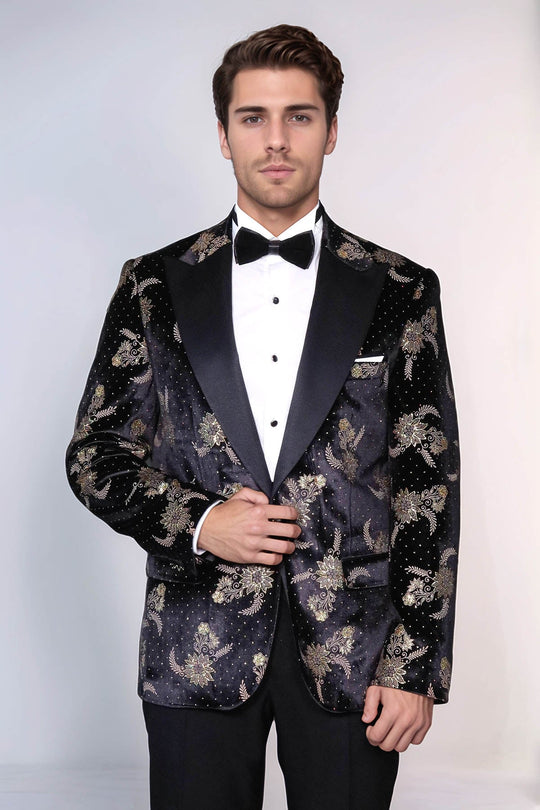 Men’s Midnight Black Dot Floral Patterned Velvet Slim Fit Blazer