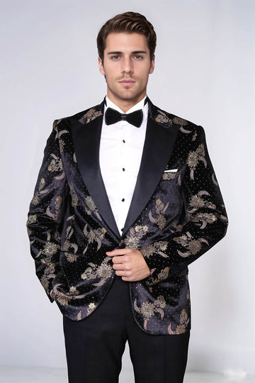 Men’s Midnight Black Dot Floral Patterned Velvet Slim Fit Blazer