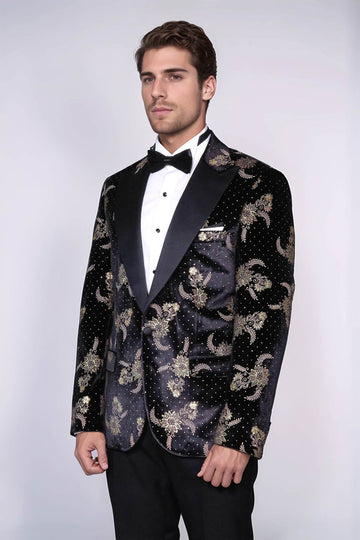 Men’s Midnight Black Dot Floral Patterned Velvet Slim Fit Blazer