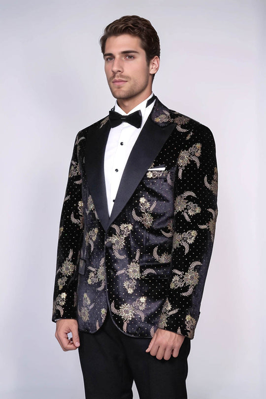 Men’s Midnight Black Dot Floral Patterned Velvet Slim Fit Blazer