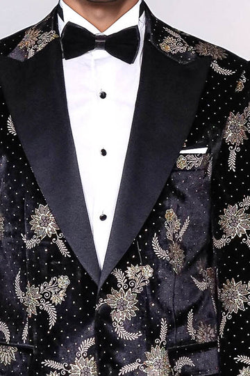 Men’s Midnight Black Dot Floral Patterned Velvet Slim Fit Blazer