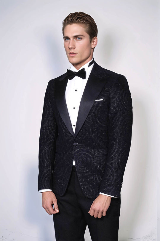 Men’s Midnight Black Hypnotic Spiral Jacquard Slim Fit Peak Lapel Dinner Jacket
