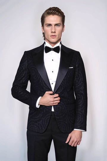 Men’s Midnight Black Hypnotic Spiral Jacquard Slim Fit Peak Lapel Dinner Jacket