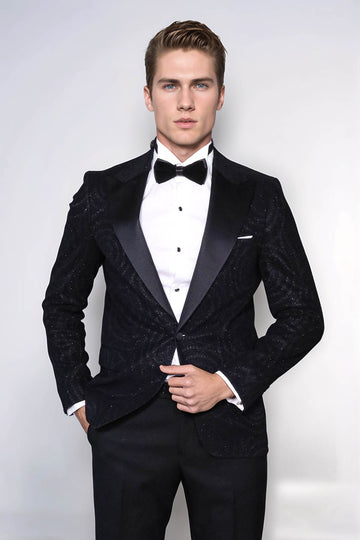 Men’s Midnight Black Hypnotic Spiral Jacquard Slim Fit Peak Lapel Dinner Jacket