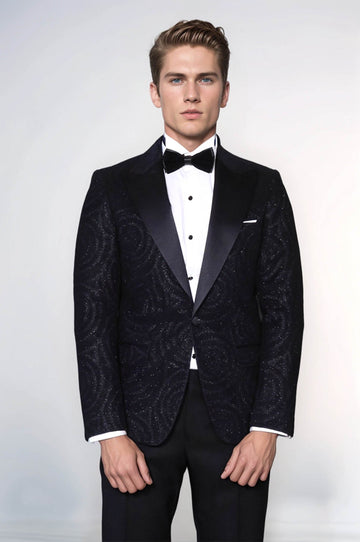 Men’s Midnight Black Hypnotic Spiral Jacquard Slim Fit Peak Lapel Dinner Jacket
