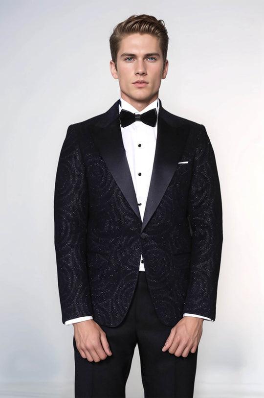Men’s Midnight Black Hypnotic Spiral Jacquard Slim Fit Peak Lapel Dinner Jacket